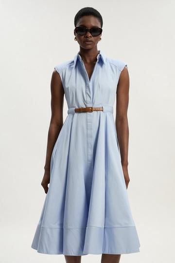Tailored Cotton Belted Collared Full Midi Dress pale blue