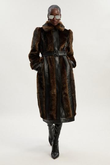 Faux Fur PU Panelled Belted Midi Coat chocolate