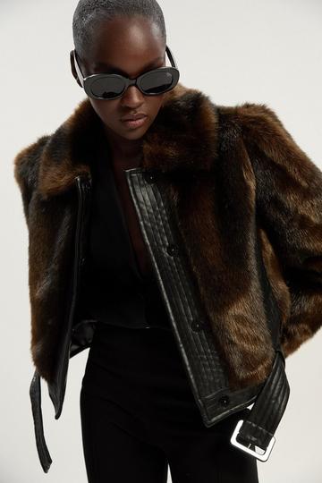 Faux Fur PU Panelled Belted Cropped Jacket chocolate