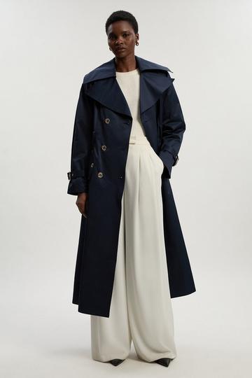 Navy Cotton Sheen Belted Classic Trench Coat