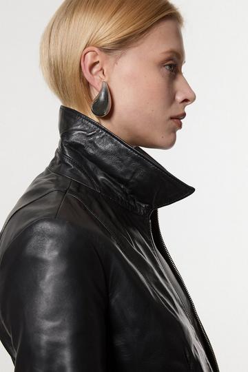 Leather Collared Zip Through Tailored Jacket