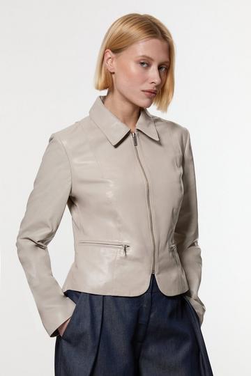 Leather Collared Zip Through Tailored Jacket oatmeal