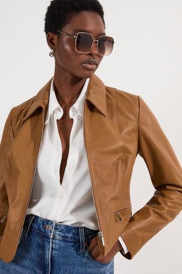 Leather Collared Zip Through Tailored Jacket tan