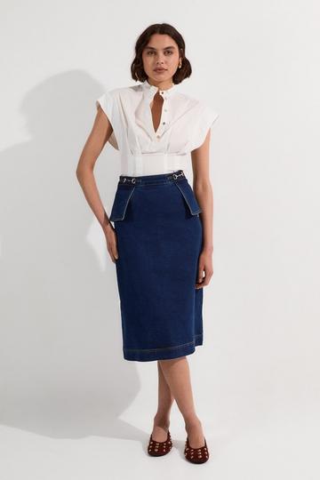 Petite Stretch Denim Snaffle Trim Midi Skirt mid wash