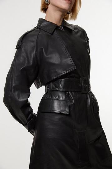 Black Leather Belted Trench Coat