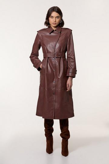 Leather Strong Shoulder Belted Midi Trench Coat mink