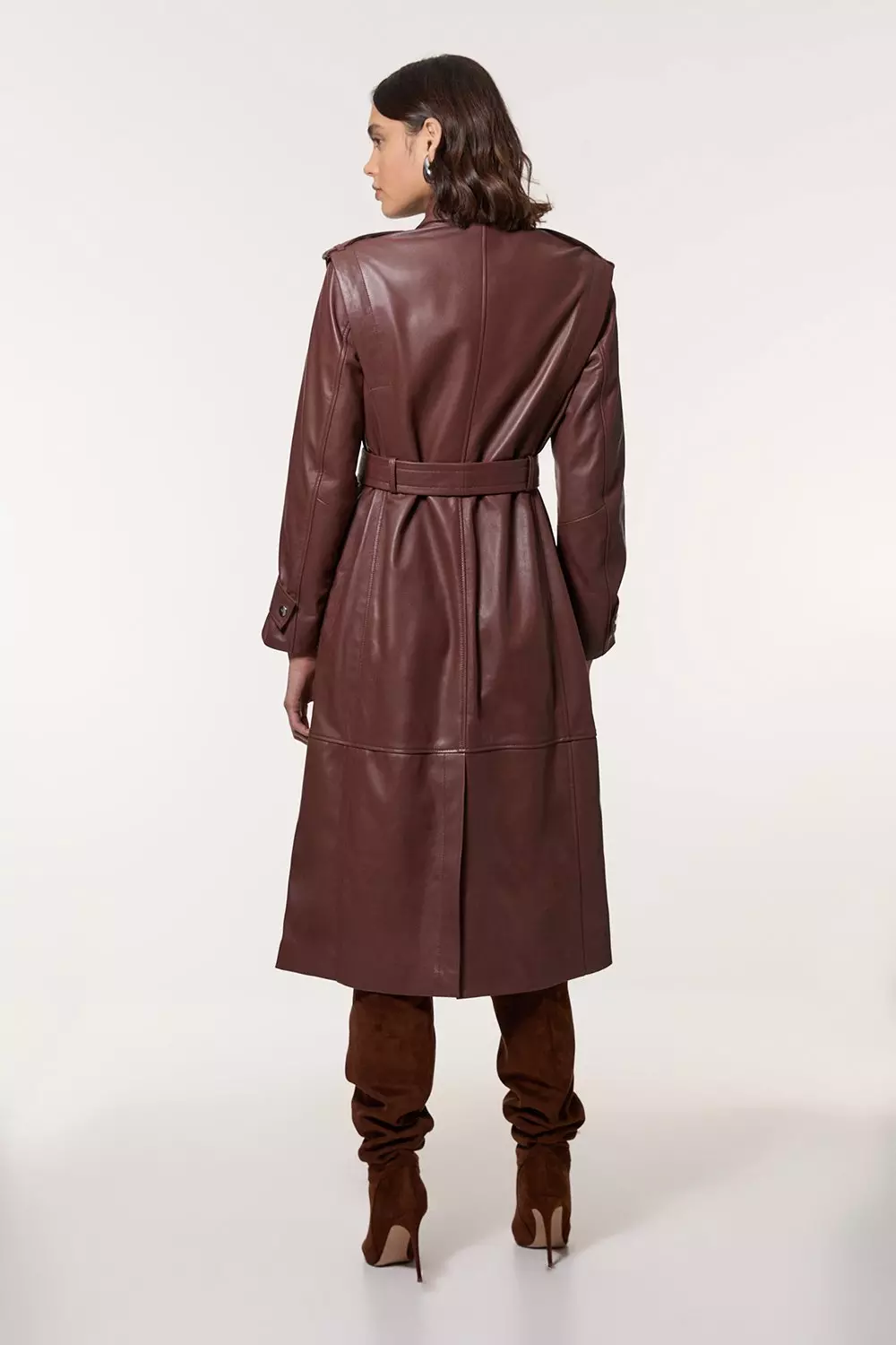 Leather Strong Shoulder Belted Midi Trench Coat | Karen Millen