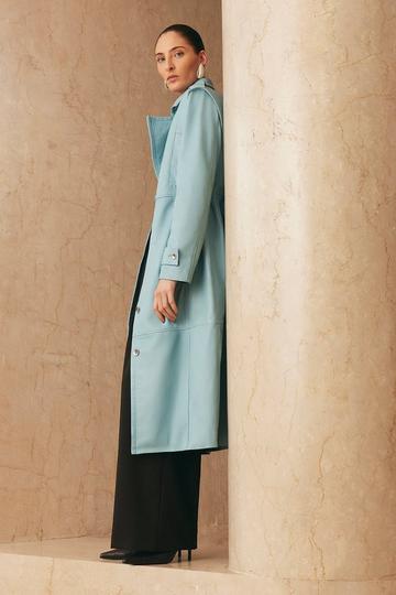 Blue Leather Strong Shoulder Belted Midi Trench Coat