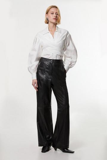 Black Leather Zip detail Straight Leg Trouser