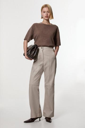 Leather Zip detail Straight Leg Trouser oatmeal