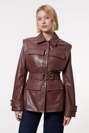 Leather Belted Shoulder Detail Tailored Jacket mink