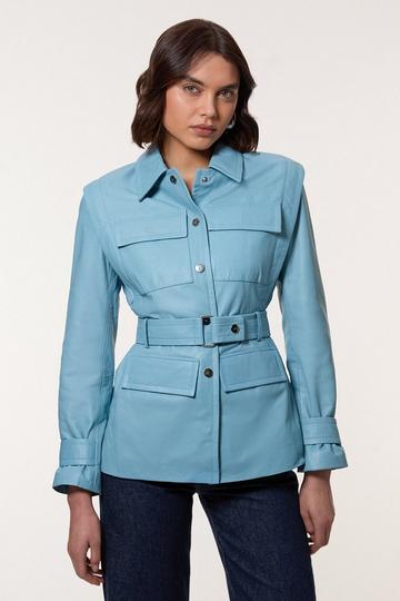 Blue Leather Belted Shoulder Detail Tailored Jacket