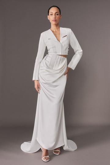 Archive Collection - Tailored Satin Drape Corset Detail Fishtail Maxi Skirt ivory