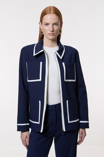 Navy Compact Stretch Tipped Pocketed Tailored Jacket