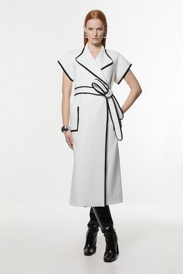 Compact Stretch Belted Tailored Tipped Midi Dress ivory