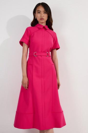 Pink Compact Stretch Tab Detail Full Skirted Midi Dress