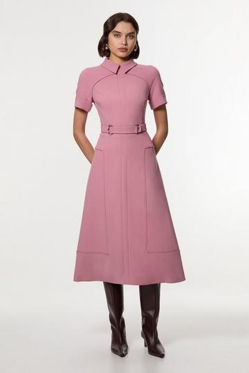 Pink Compact Stretch Tab Detail Full Skirted Midi Dress