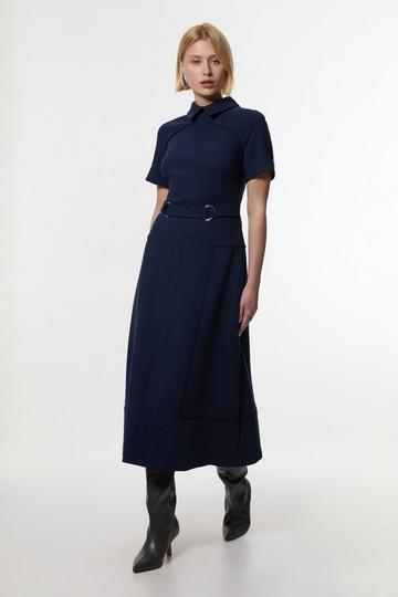 Navy Compact Stretch Tab Detail Full Skirted Midi Dress