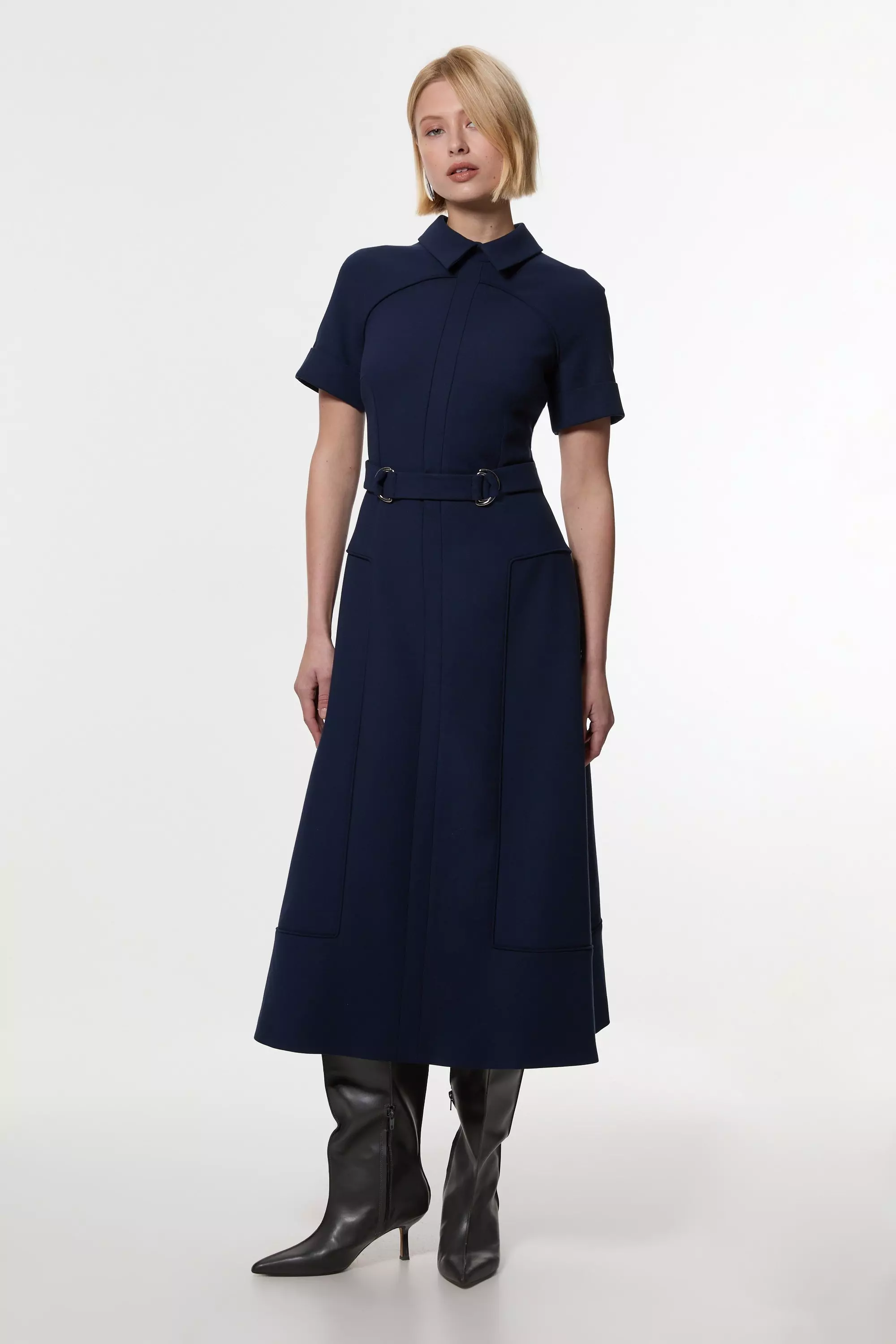 Compact Stretch Tab Detail Full Skirted Midi Dress | Karen