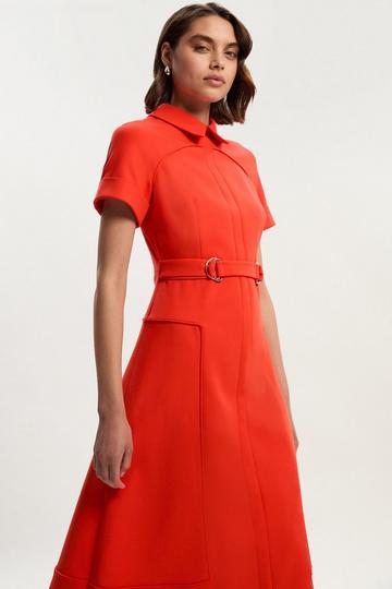 Red Compact Stretch Tab Detail Full Skirted Midi Dress