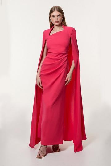 Soft Tailored Asymmetric Neck Cape Maxi Dress hot pink