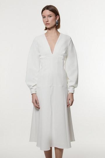 Ivory White Textured Tailored Dropped Waist Sleeved Midaxi Dress