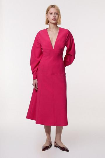 Textured Tailored Dropped Waist Sleeved Midaxi Dress magenta