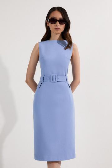 Blue Compact Essential Belted Tailored Midi Dress