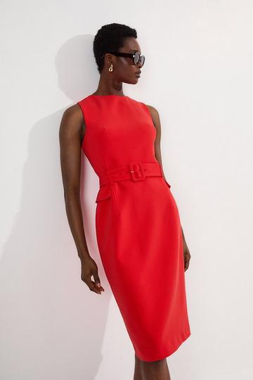 Compact Essential Belted Tailored Midi Dress red