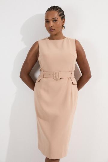Plus Size Compact Essential Belted Tailored Midi Dress camel