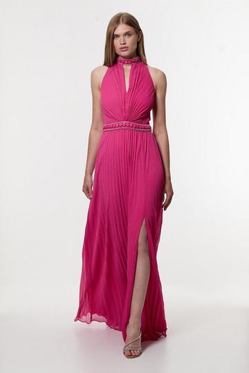 Crystal Embellished Woven Split Maxi Dress pink