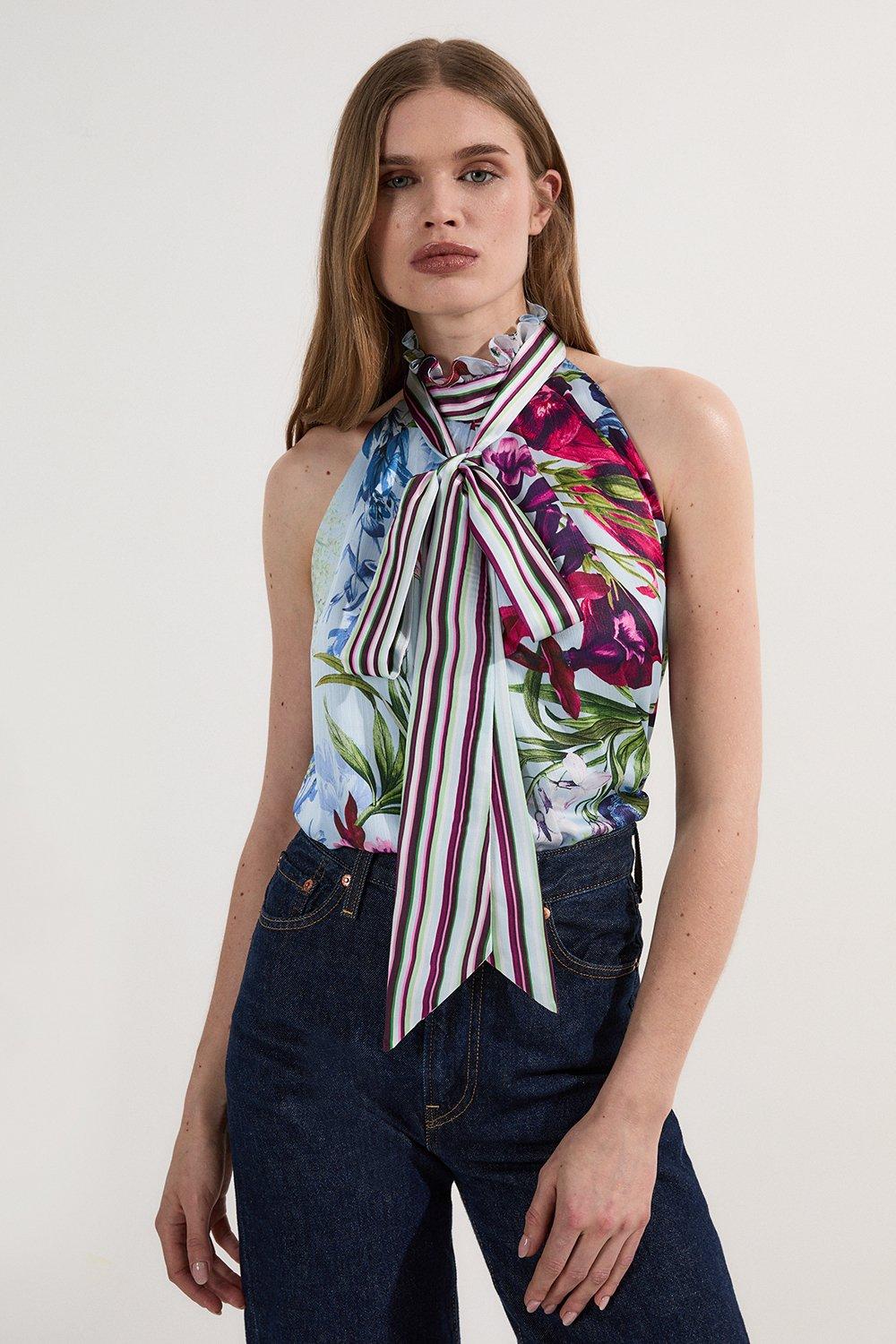 Floral Printed Halter Neck Woven Blouse | Karen Millen