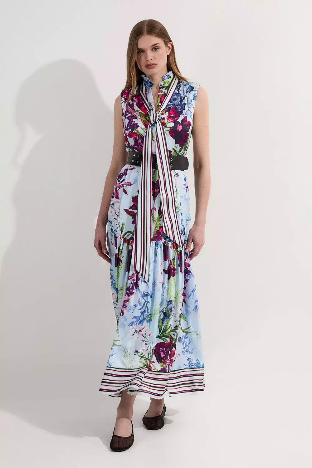 【KAREN MILLEN】リネン フローラル ベルト付き マキシドレス Karen Millen ベルト付きプリーツマキシドレス 送料関税込み