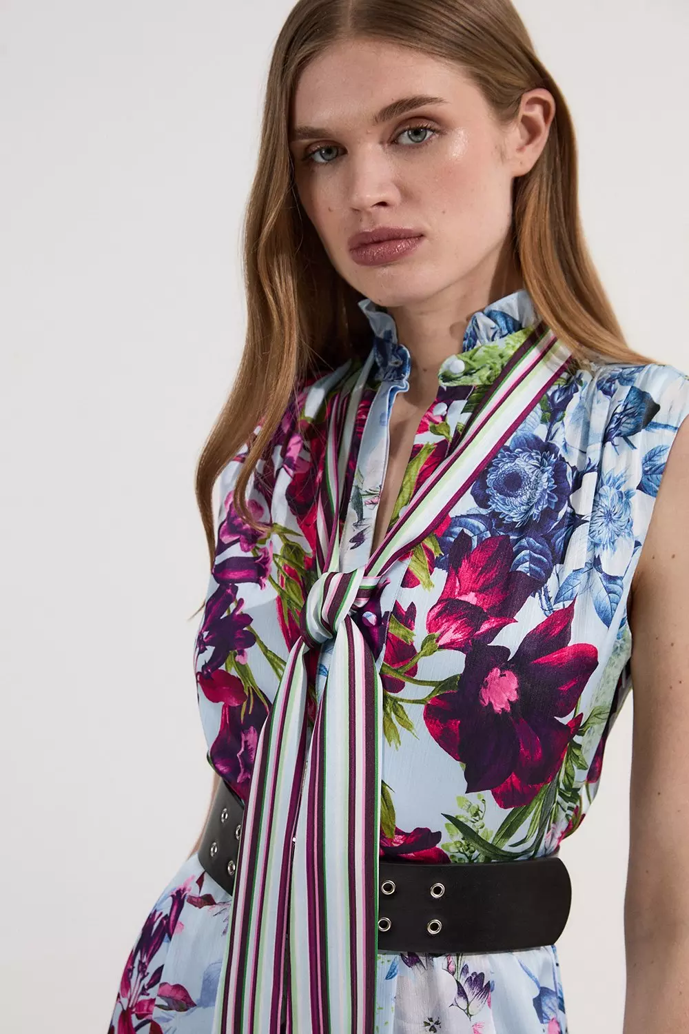 Floral Printed Tie Neck Woven Maxi Dress | Karen Millen