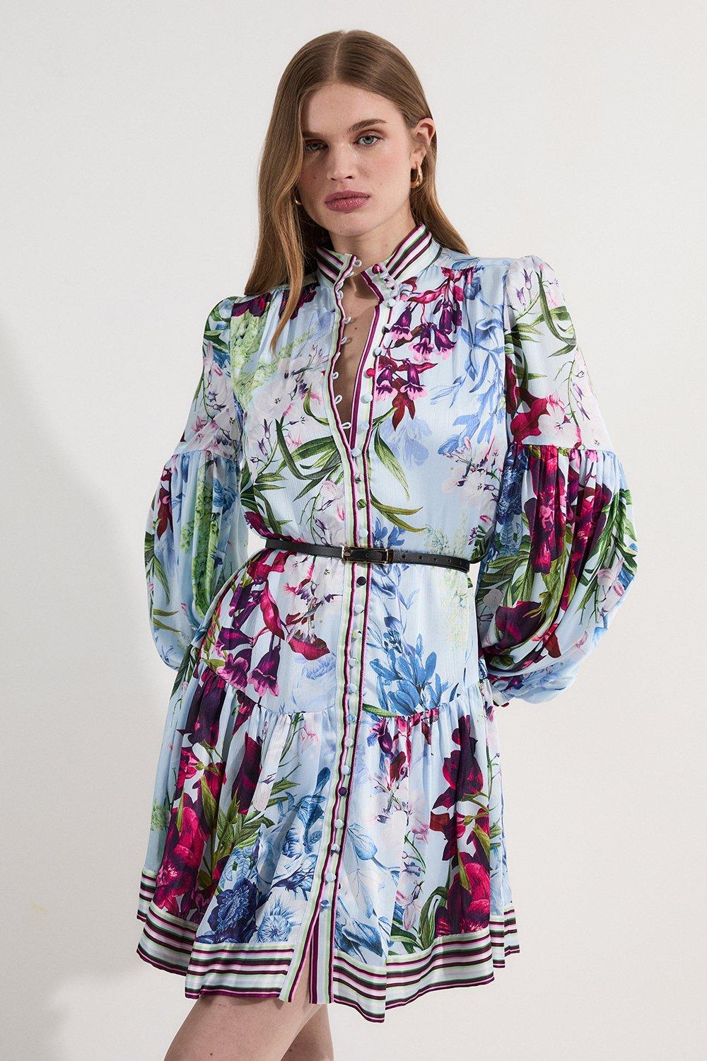 Petite Floral Printed Balloon Sleeve Woven Mini Dress | Karen Millen