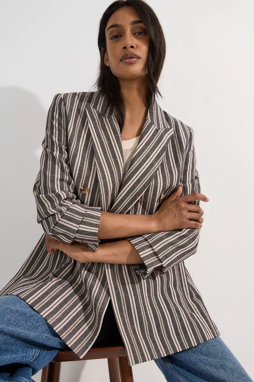 Black Linen Sparkle Stripe Tailored Double Breasted Jacket alternative image