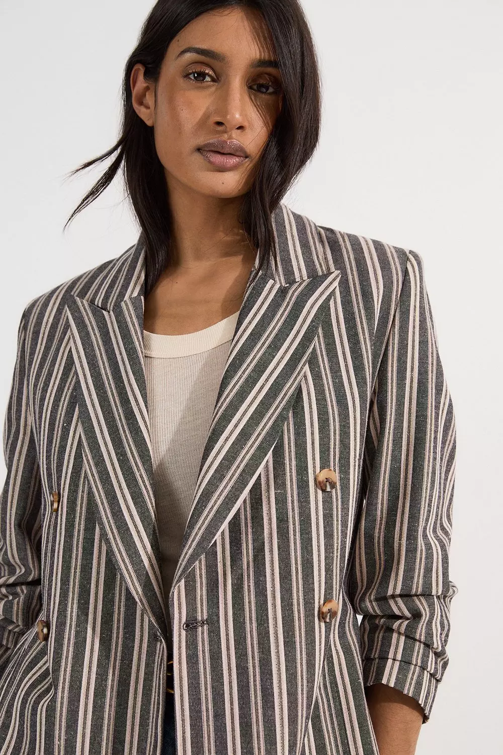 Black Linen Sparkle Stripe Tailored Double Breasted Jacket alternative image