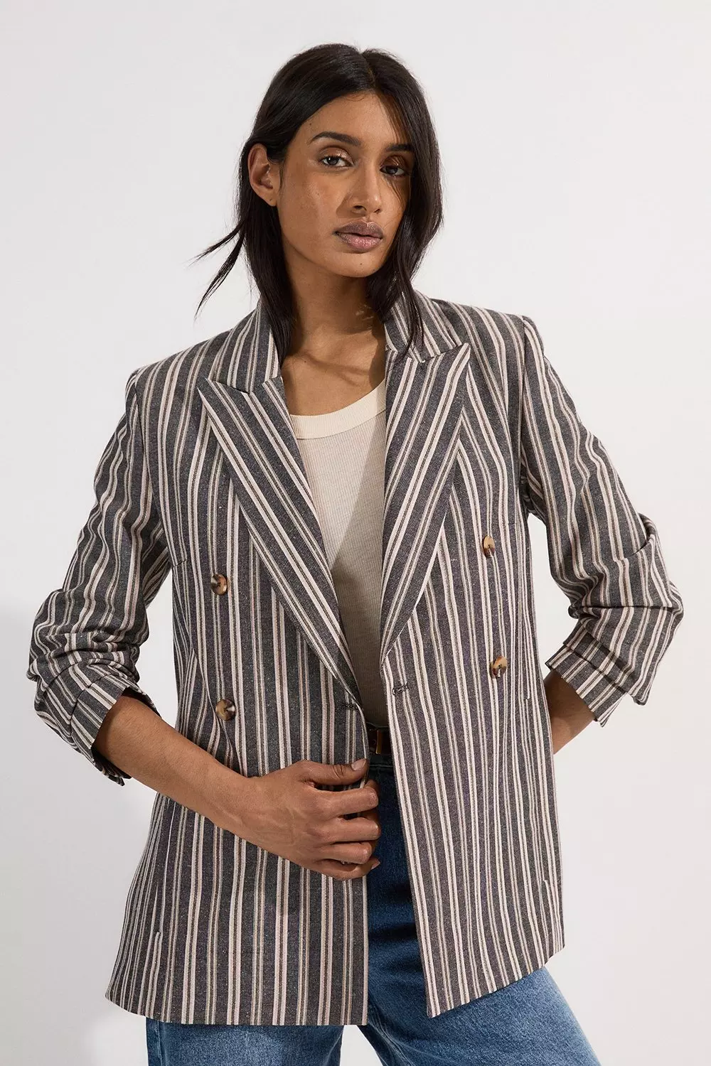 Black Linen Sparkle Stripe Tailored Double Breasted Jacket alternative image