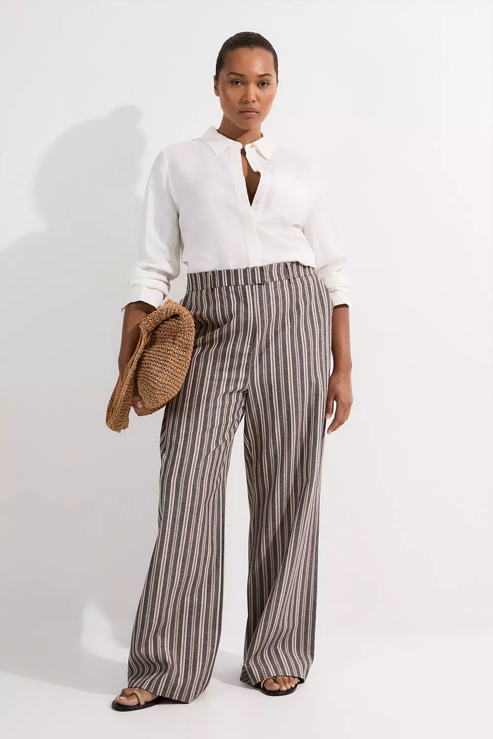 Plus Size Linen Sparkle Stripe Tailored Wide Leg Dress Pants