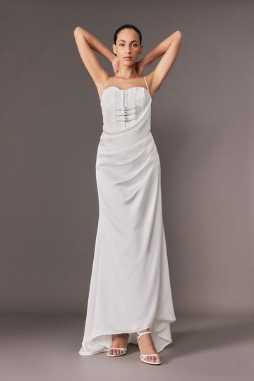 Archive Collection - Tailored Satin Drape Corset Fishtail Maxi Dress ivory