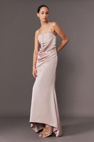 Archive Collection - Tailored Satin Drape Corset Fishtail Maxi Dress mink