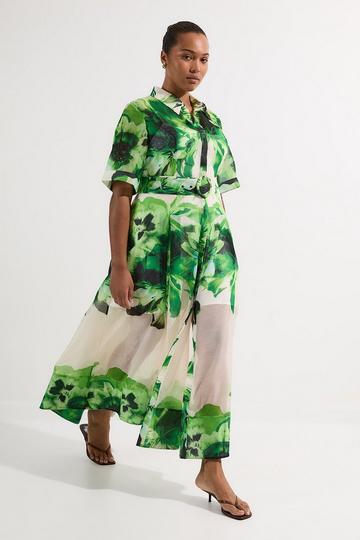 Plus Size Floral Organdie Woven Midi Shirt Dress green