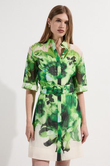 Floral Organdie Woven Belted Mini Dress green