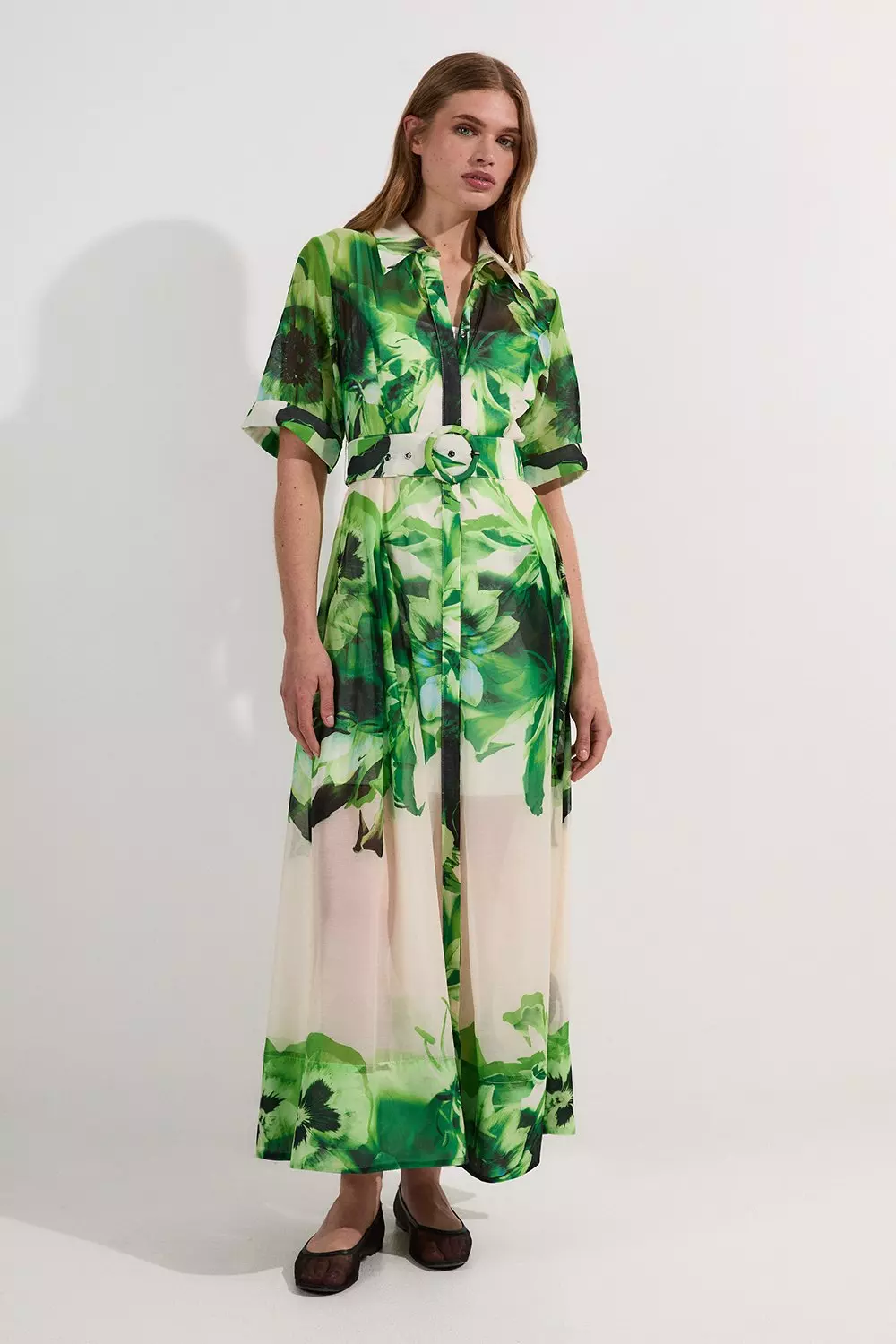 【KAREN MILLEN】プチツイルミダキシ織りシャツドレス ベルト付 Karen Millen☆The Founder/ベルト付き ミディドレス♪送料込