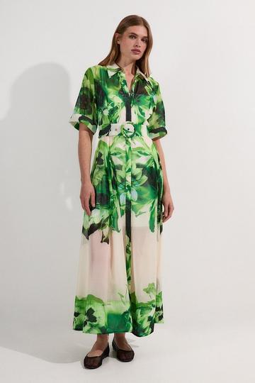 Green Floral Organdie Woven Maxi Shirt Dress