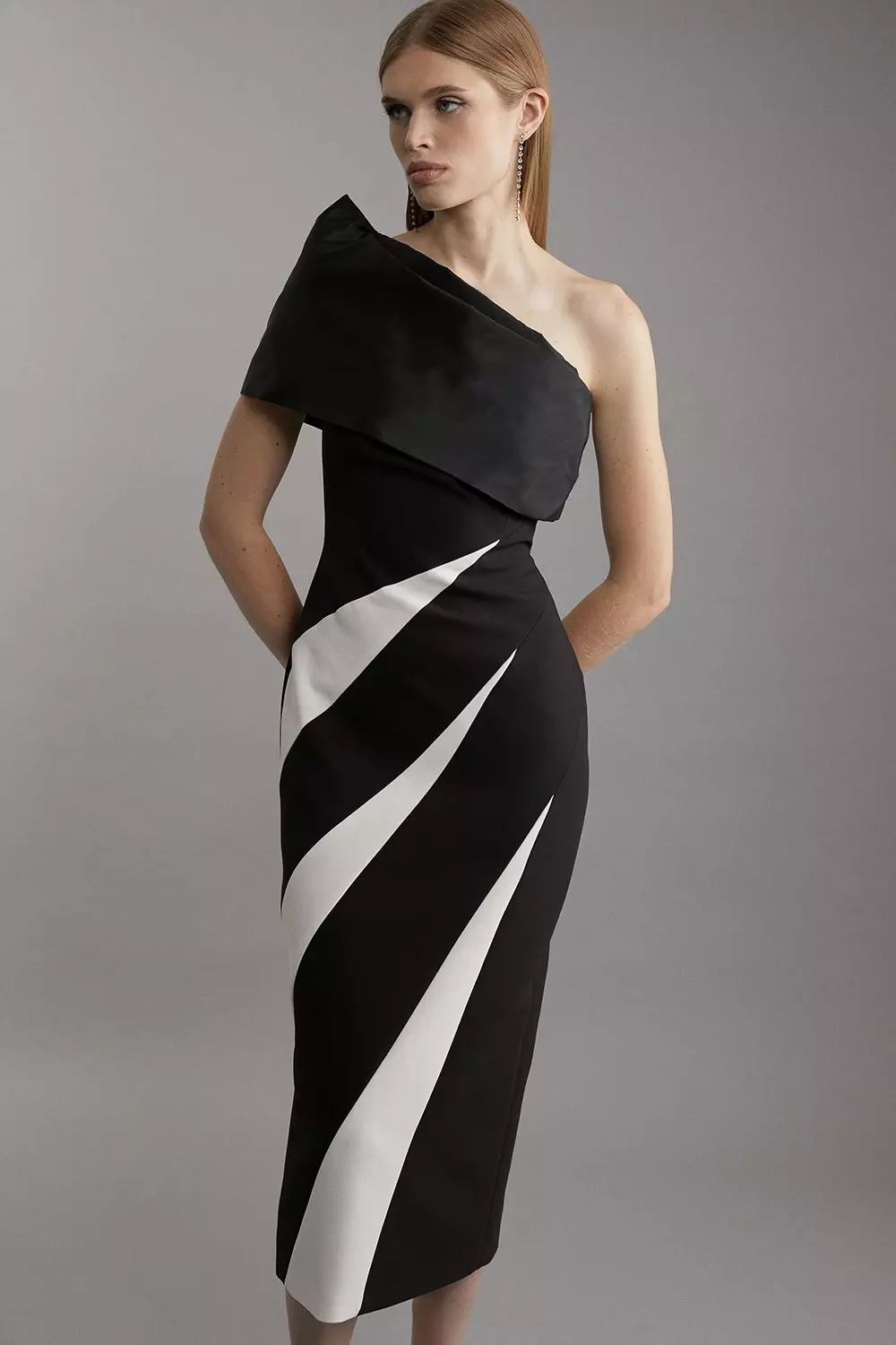 Petite Clean Tailored Taffeta One Shoulder Panel Midi Dress