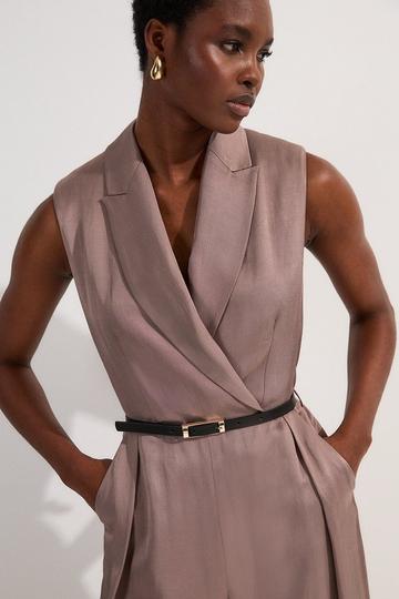 Premium Viscose Linen Tailored Belted Wide Leg Jumpsuit taupe