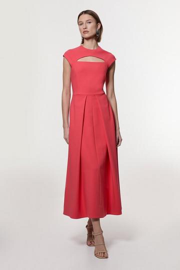 Pink Compact Stretch Full Skirted Tailored Midaxi Dress