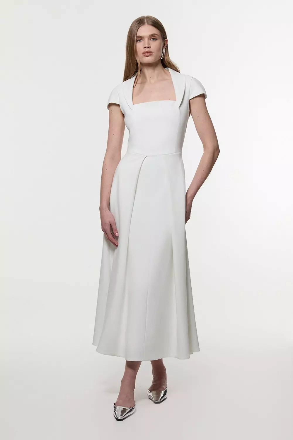 Compact Stretch Square Neck Tailored Full Skirted Maxi Dress