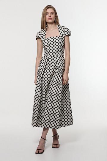 Spot Jacquard Square Neck Tailored Full Skirted Midaxi Dress mono